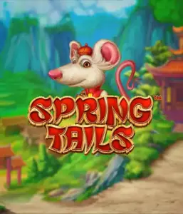 A whimsical illustration of a mouse wearing a red traditional Chinese outfit positioned in front of a picturesque landscape with mountains. The image is for the Spring Tails game by Betsoft, highlighted with bold red and gold logo lettering.